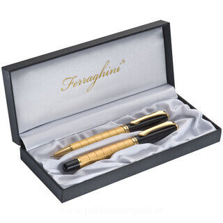 Ferraghini writing set with ballpen and fountain pen, gold-coloured in a gift box.